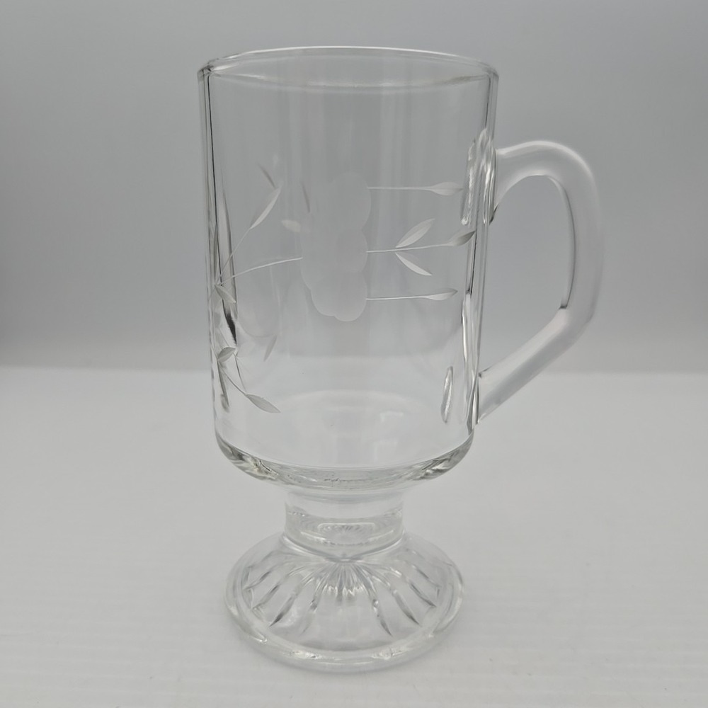 Princess House Heritage Irish Coffee Mug Etched Glass Pedestal Cup 5.5" Clear
